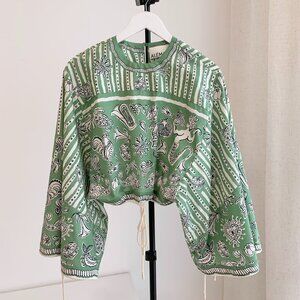 ALEMAIS Green Artistic Print Cropped Resort Blouse